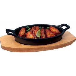 Mehr Produktinformationen Gusseiserne Servier Pfanne oval 17 cm, Holztablett