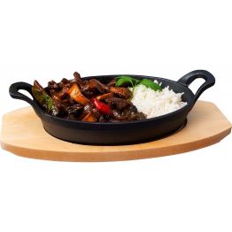 Mehr Produktinformationen Gusseiserne Servier Pfanne oval 21 cm, Holztablett